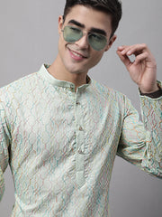 Men's Pista Green and Multi Coloured Embroidered Straight Kurtas-KO-689