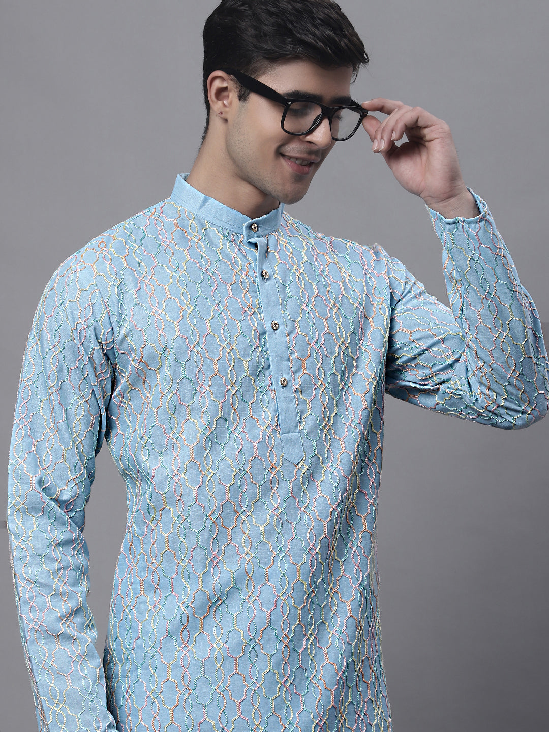 Men's Sky Blue and Multi Coloured Embroidered Straight Kurtas-KO-689