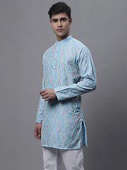 Men's Sky Blue and Multi Coloured Embroidered Straight Kurtas-KO-689