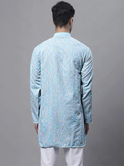 Men's Sky Blue and Multi Coloured Embroidered Straight Kurtas-KO-689