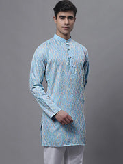 Men's Sky Blue and Multi Coloured Embroidered Straight Kurtas-KO-689