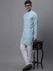 Men's Sky Blue and Multi Coloured Embroidered Straight Kurtas-KO-689