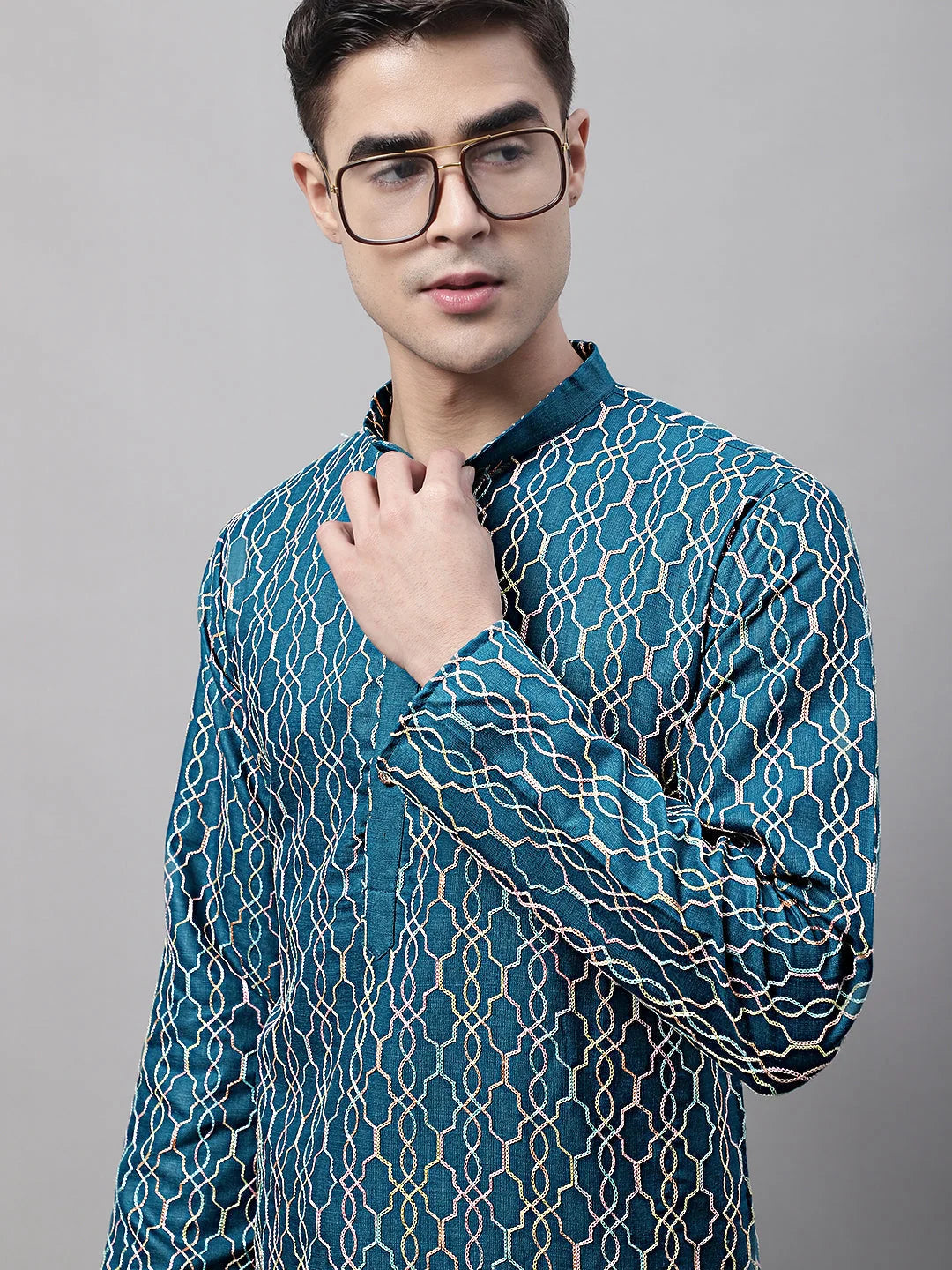 Teal Blue Embroidered Mens Kurta - Indian Kurta for Men