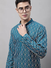 Men's Teal Blue and Multi Coloured Embroidered Straight Kurtas-KO-689