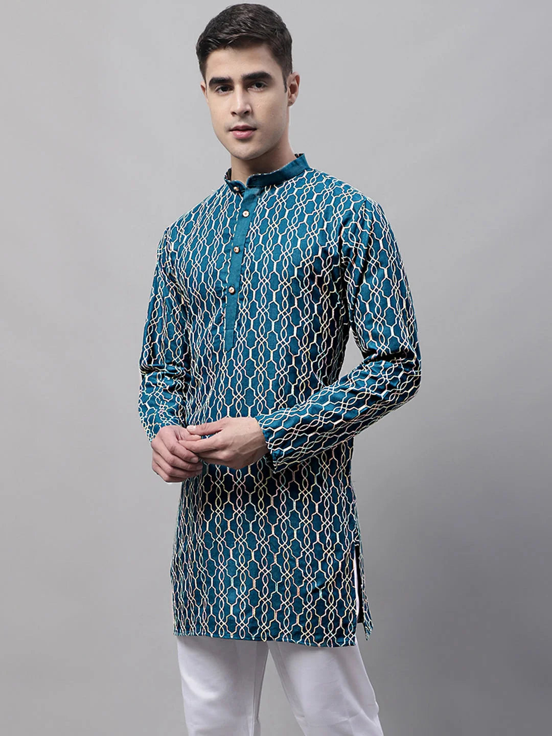 Teal Blue Embroidered Mens Kurta - Indian Kurta for Men