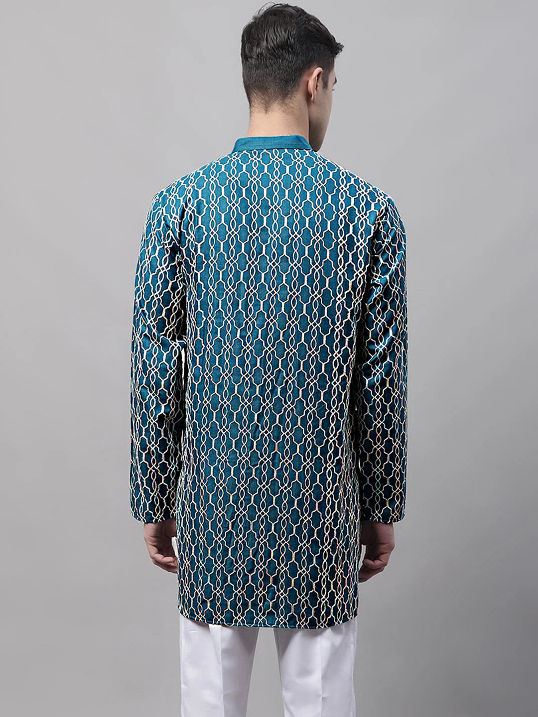 Teal Blue Embroidered Mens Kurta - Indian Kurta for Men