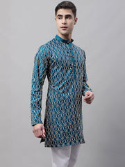 Men's Teal Blue and Multi Coloured Embroidered Straight Kurtas-KO-689