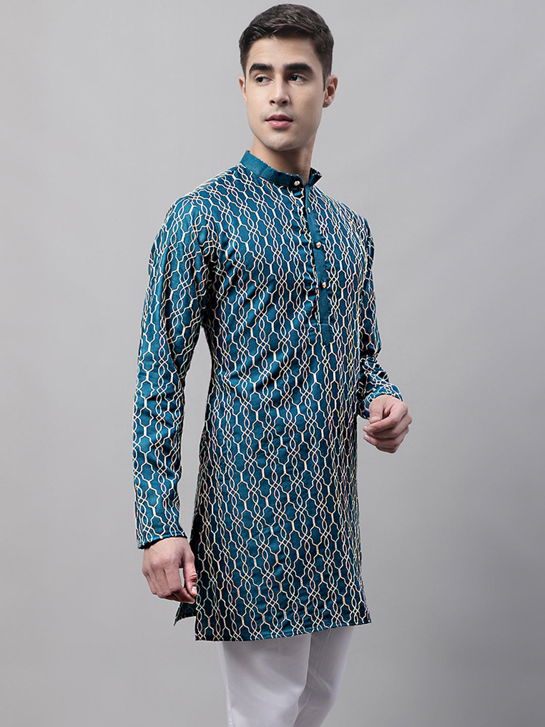 Teal Blue Embroidered Mens Kurta - Indian Kurta for Men