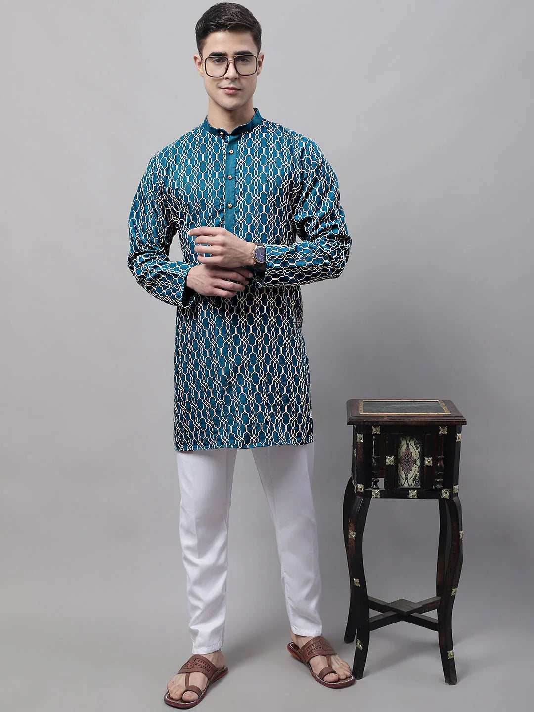 Teal Blue Embroidered Mens Kurta - Indian Kurta for Men