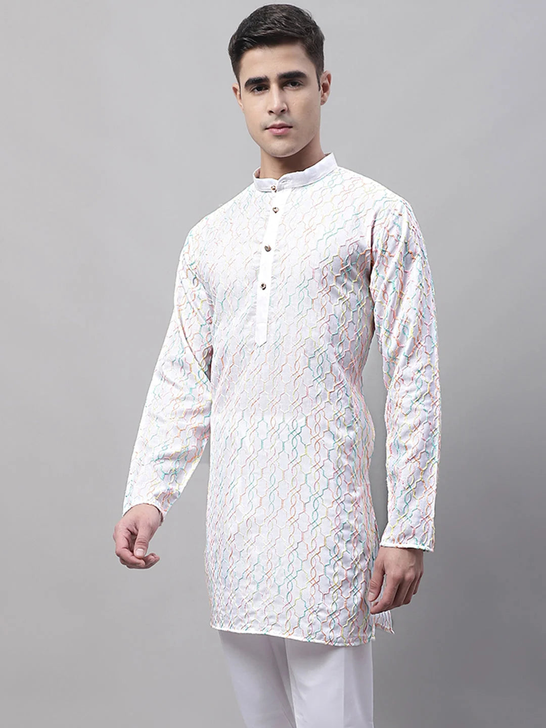 White Embroidered Mens Kurta - Cotton Indian Kurta for Men