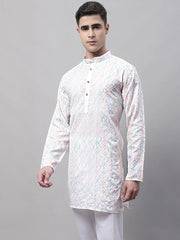 Men's White and Multi Coloured Embroidered Straight Kurtas-KO-689