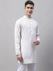 Men's White and Multi Coloured Embroidered Straight Kurtas-KO-689