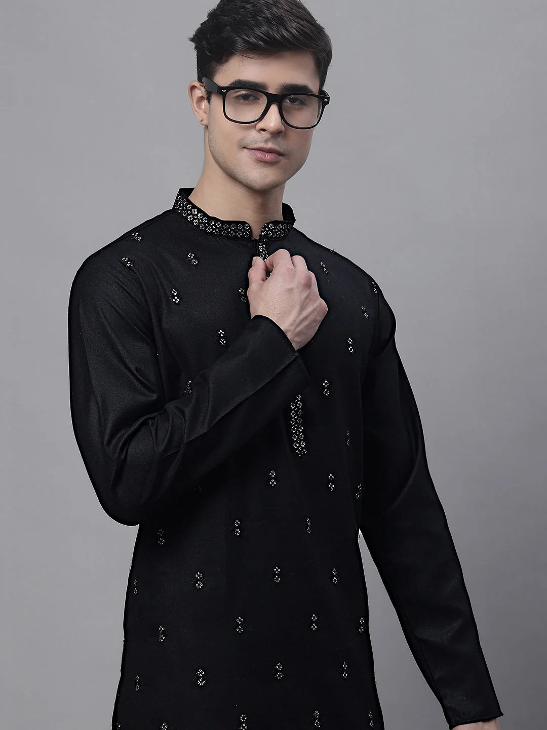 Men's Black Embroidered Straight Kurtas-KO-690