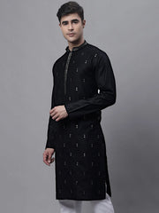 Men's Black Embroidered Straight Kurtas-KO-690
