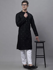 Men's Black Embroidered Straight Kurtas-KO-690