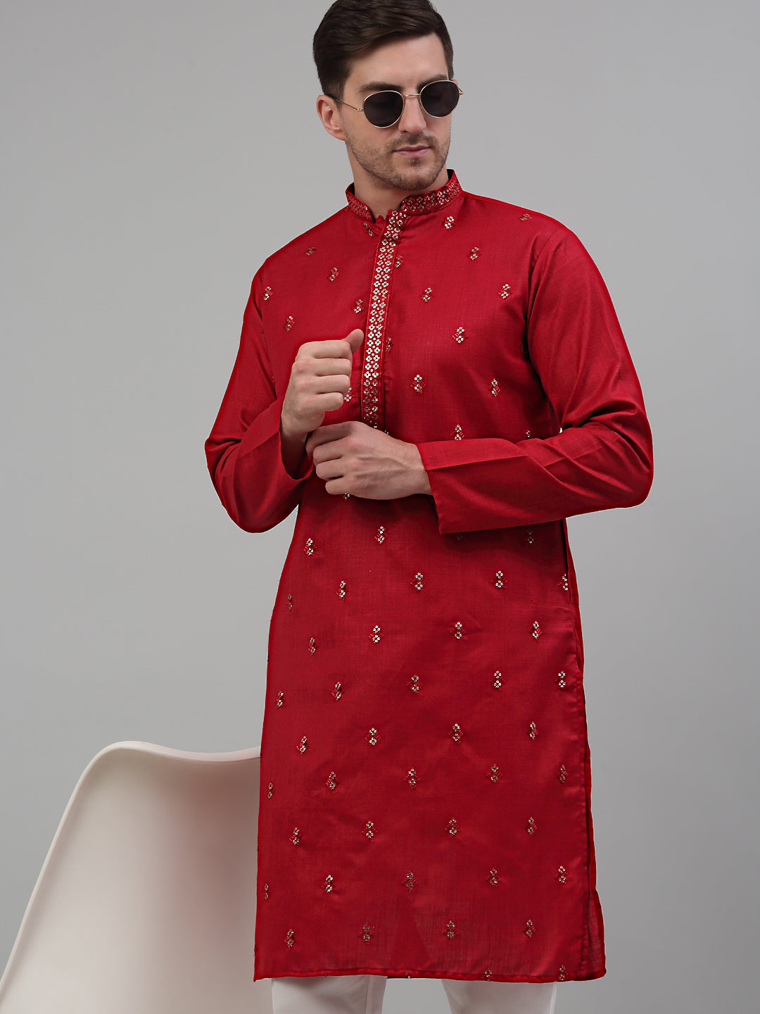 DesiQlo Men Embroidered Kurta Only - Maroon - KO_690Maroon_S