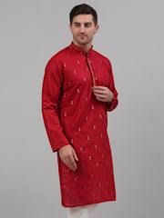 Men's Maroon Embroidered Straight Kurta Only