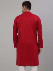 Men's Maroon Embroidered Straight Kurta Only
