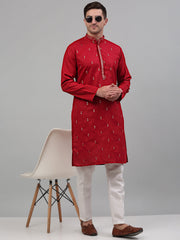 Men's Maroon Embroidered Straight Kurta Only