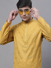 Men's Mustard Embroidered Straight Kurtas-KO-690