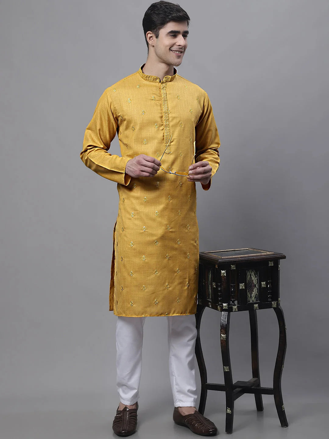 Mustard Embroidered Men's Kurta | Indian Kurta for Men Sale
