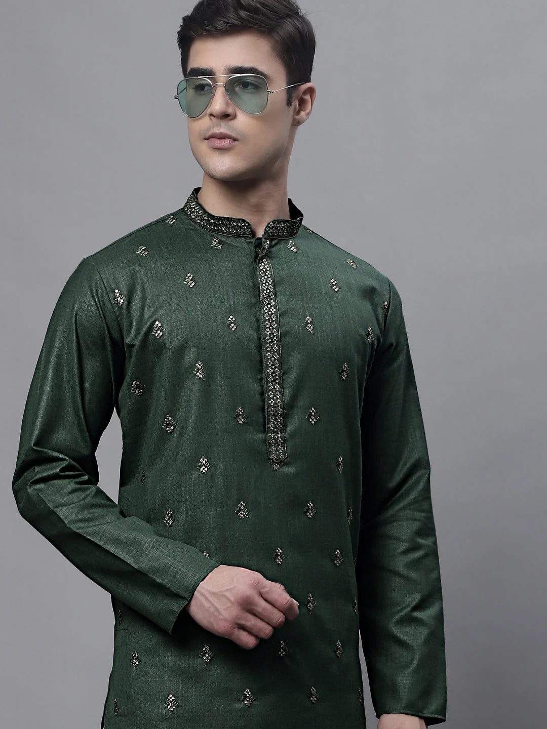 Men's Olive Green Embroidered Straight Kurtas-KO-690