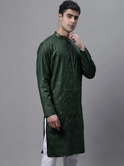Men's Olive Green Embroidered Straight Kurtas-KO-690
