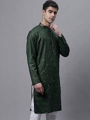 Men's Olive Green Embroidered Straight Kurtas-KO-690