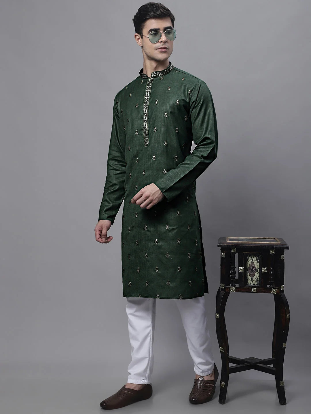 Olive Green Embroidered Men's Kurta | Indian Kurta Fashion