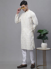 Men's White Embroidered Straight Kurtas-KO-690