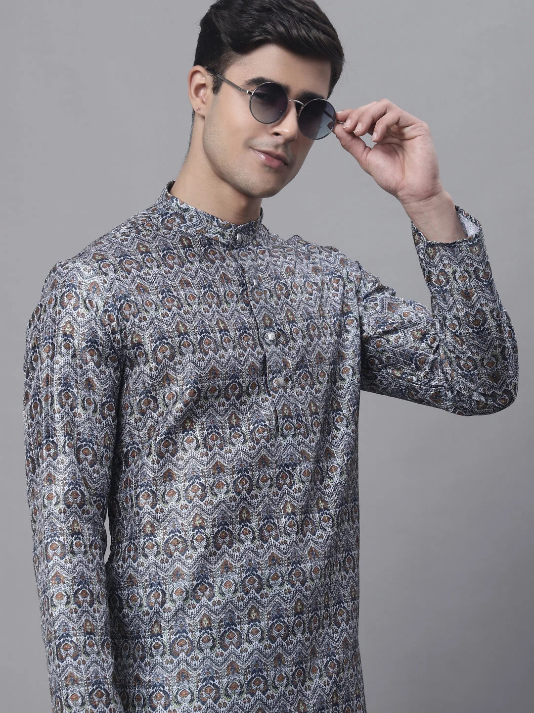 Silver Printed Mens Kurta - Indian Kurta for Men Online