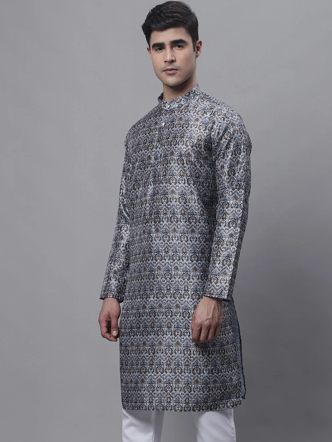 Silver Printed Mens Kurta - Indian Kurta for Men Online