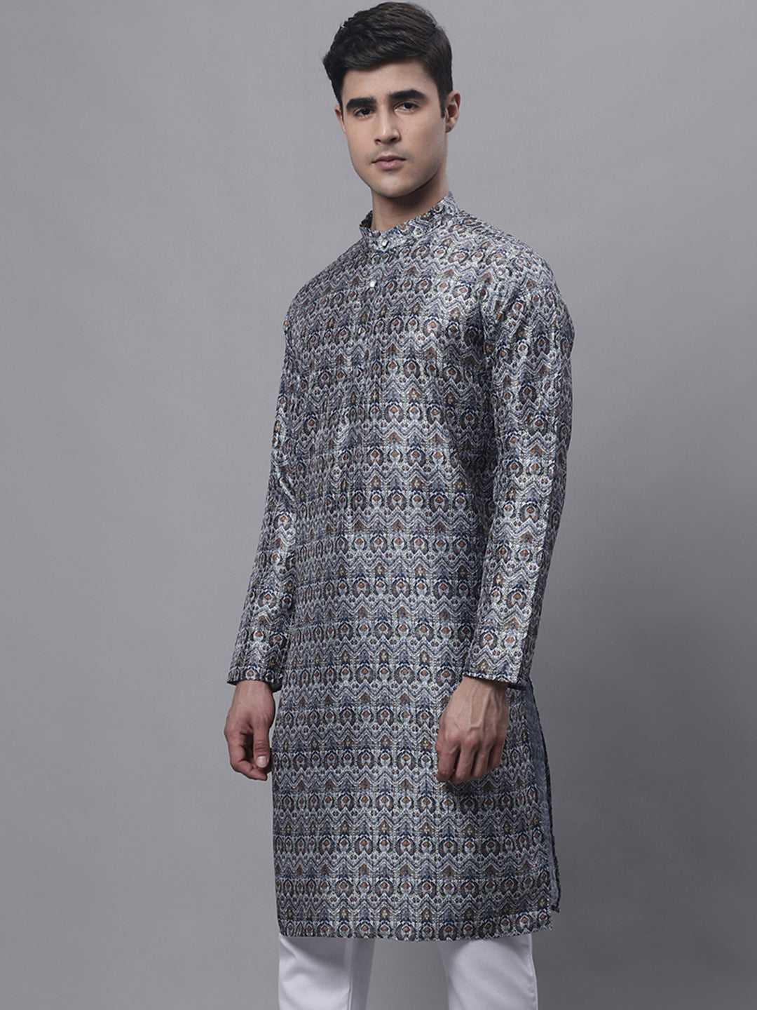 Silver Printed Mens Kurta - Indian Kurta for Men Online