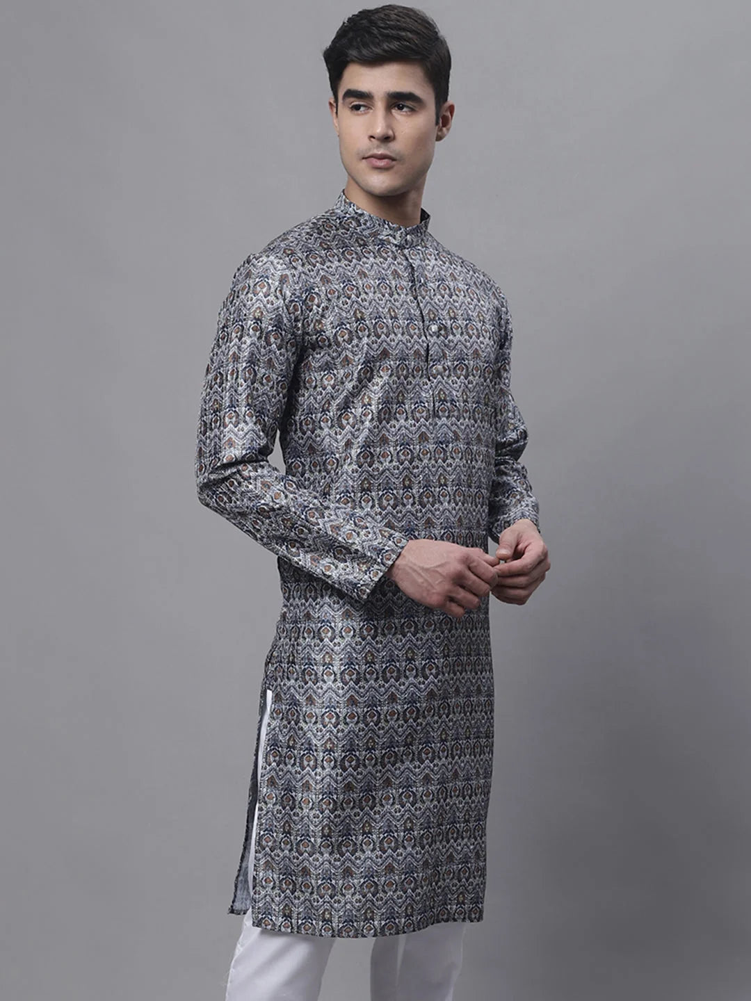 Silver Printed Mens Kurta - Indian Kurta for Men Online