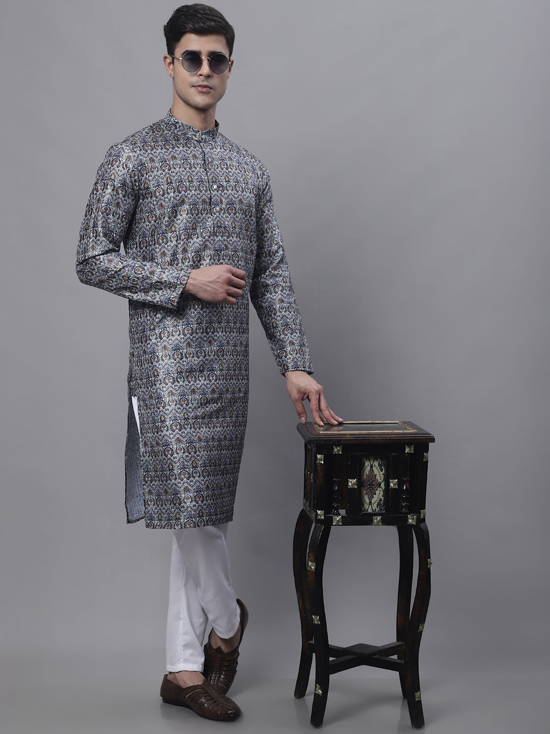 Silver Printed Mens Kurta - Indian Kurta for Men Online