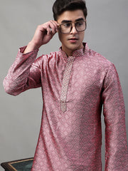 Men's Pink Jacquard Silk Collar Embroidered Kurtas-KO-692