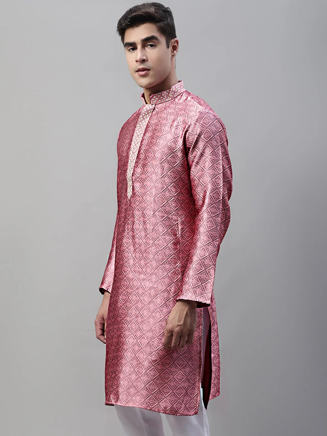 Men's Pink Jacquard Silk Kurta | Embroidered Indian Kurta for Men