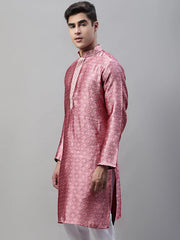 Men's Pink Jacquard Silk Collar Embroidered Kurtas-KO-692