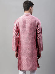 Men's Pink Jacquard Silk Collar Embroidered Kurtas-KO-692