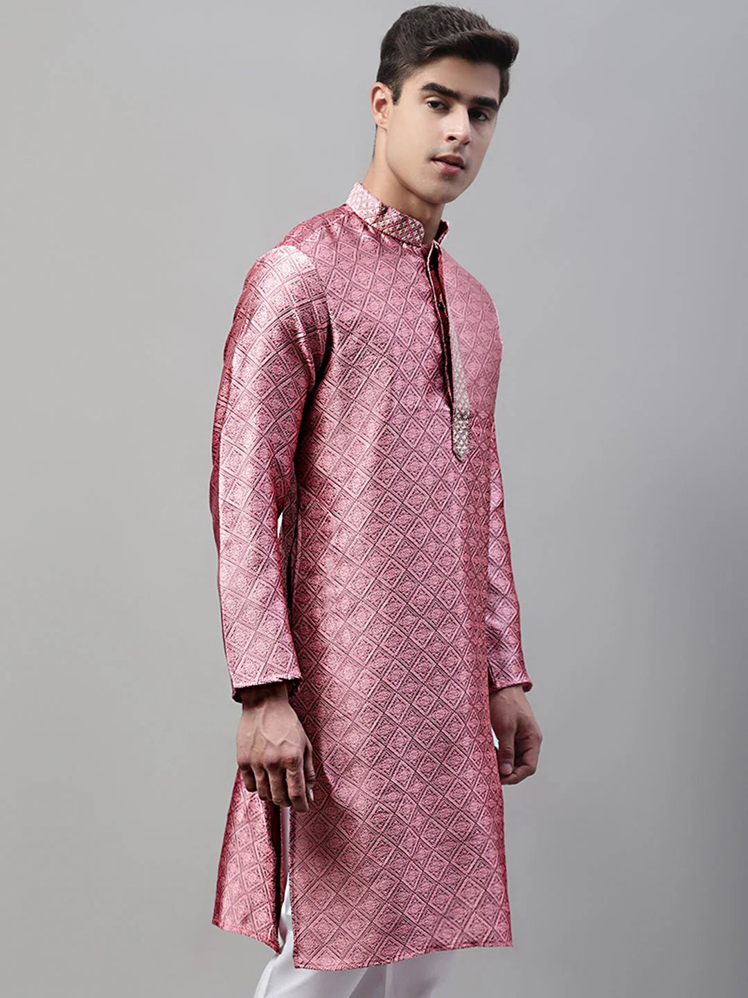 Men's Pink Jacquard Silk Kurta | Embroidered Indian Kurta for Men