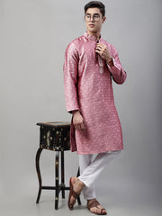 Men's Pink Jacquard Silk Collar Embroidered Kurtas-KO-692