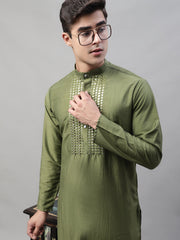 Men's Olive Green Cotton Silk Mirror Work Kurtas-KO-693