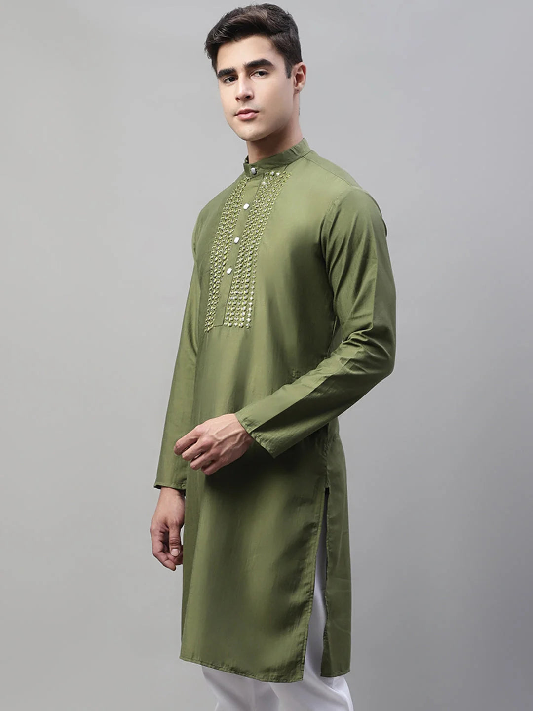 Olive Green Cotton Silk Men's Kurta | Mirror Work Indian Kurta