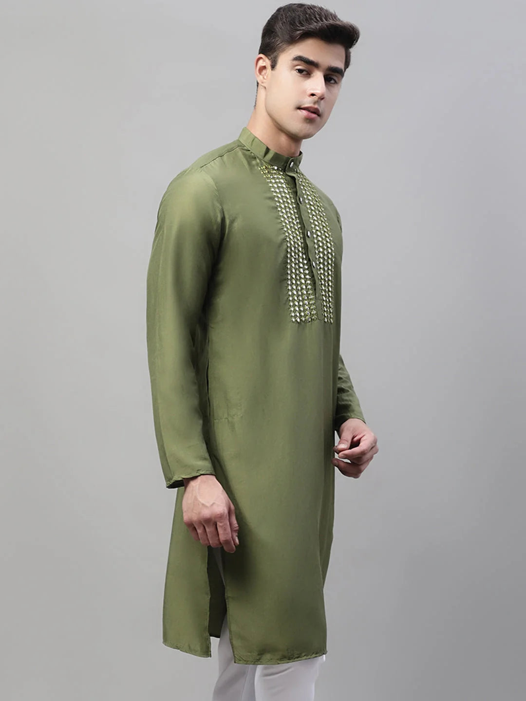 Olive Green Cotton Silk Men's Kurta | Mirror Work Indian Kurta