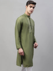 Men's Olive Green Cotton Silk Mirror Work Kurtas-KO-693