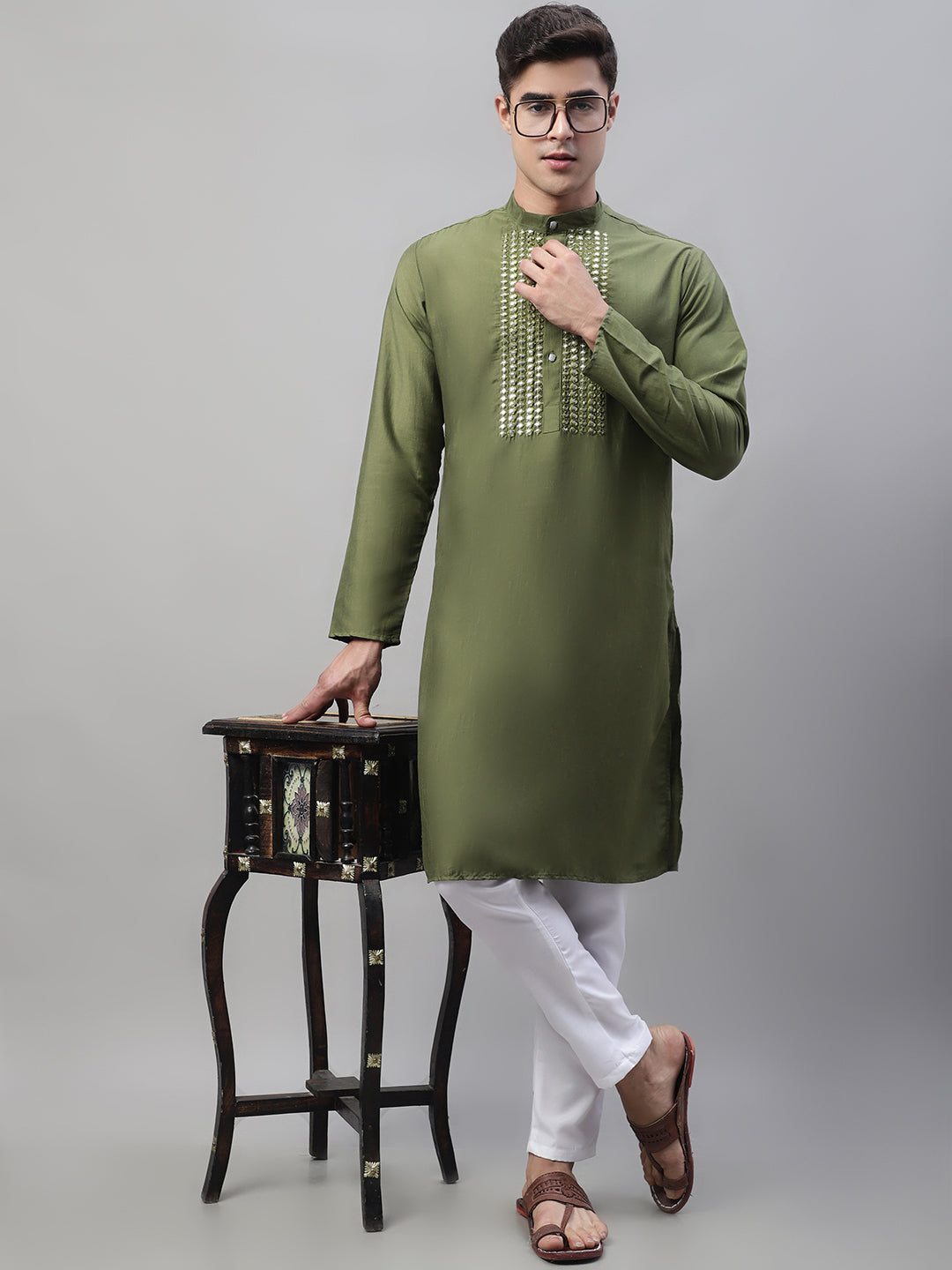 Olive Green Cotton Silk Men's Kurta | Mirror Work Indian Kurta