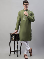 Men's Olive Green Cotton Silk Mirror Work Kurtas-KO-693