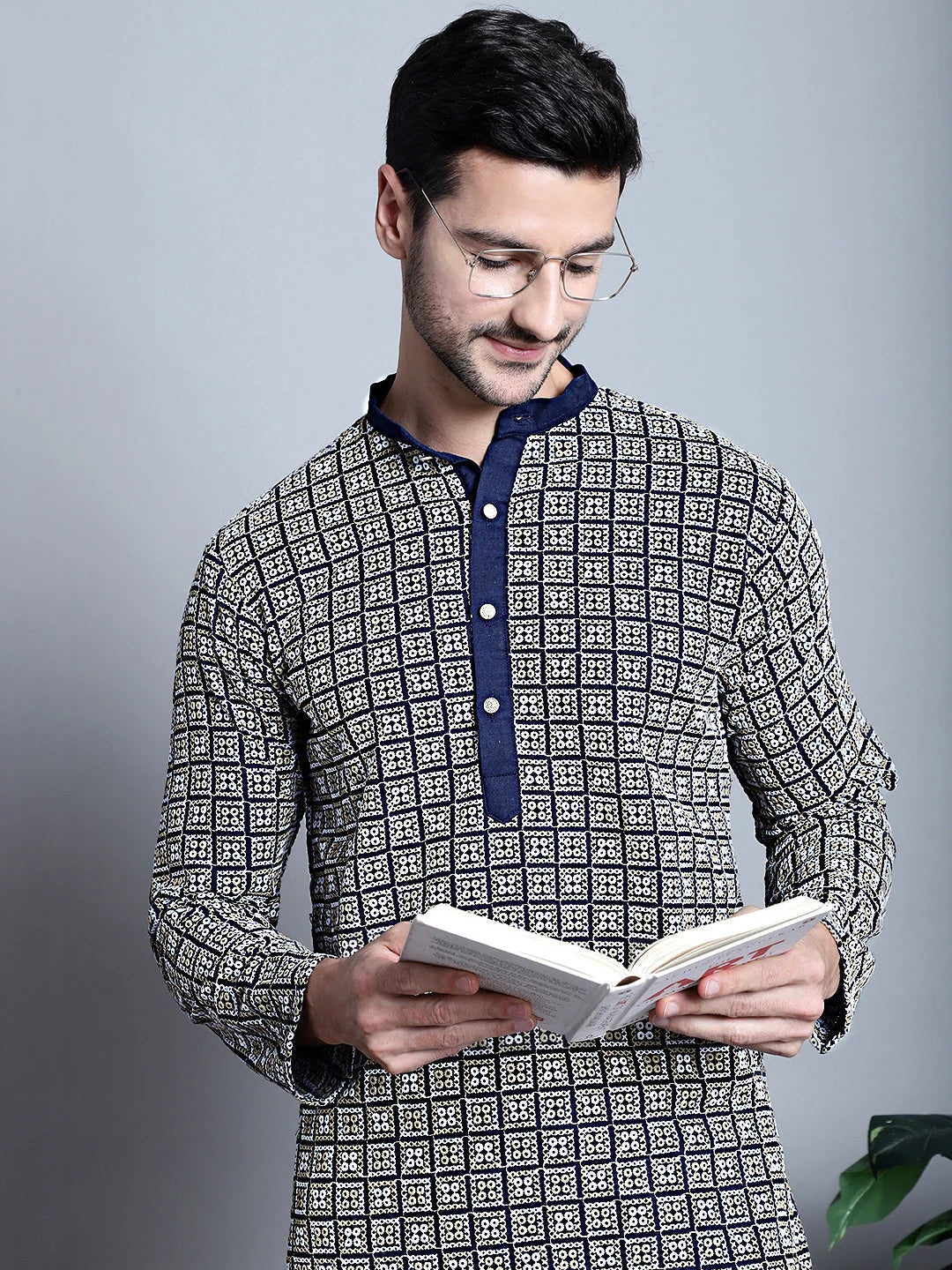 Men's Navy Embroidered Cotton Indian Kurta | Ethnic Wear