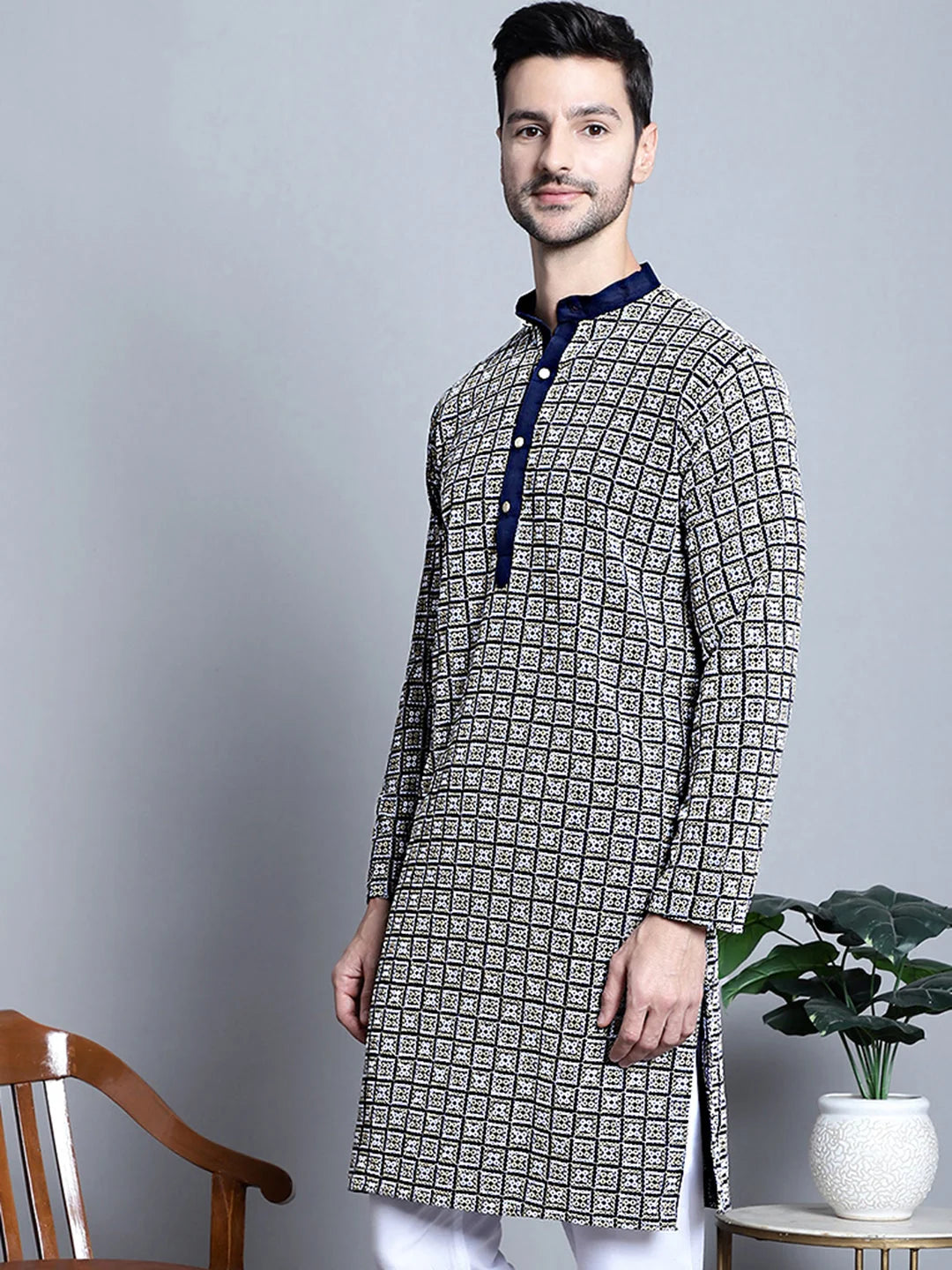 Men's Navy Embroidered Cotton Indian Kurta | Ethnic Wear