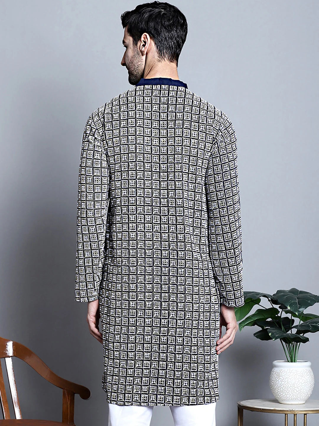 Men's Navy Embroidered Cotton Indian Kurta | Ethnic Wear